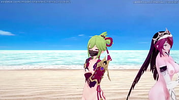 Genshin Impact:MMD Rockabye与Rosaria和Kuki Shinobu在未经审查的hentai中