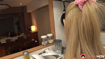 Japanese homemaker gives a raw oral performance in the kitchen